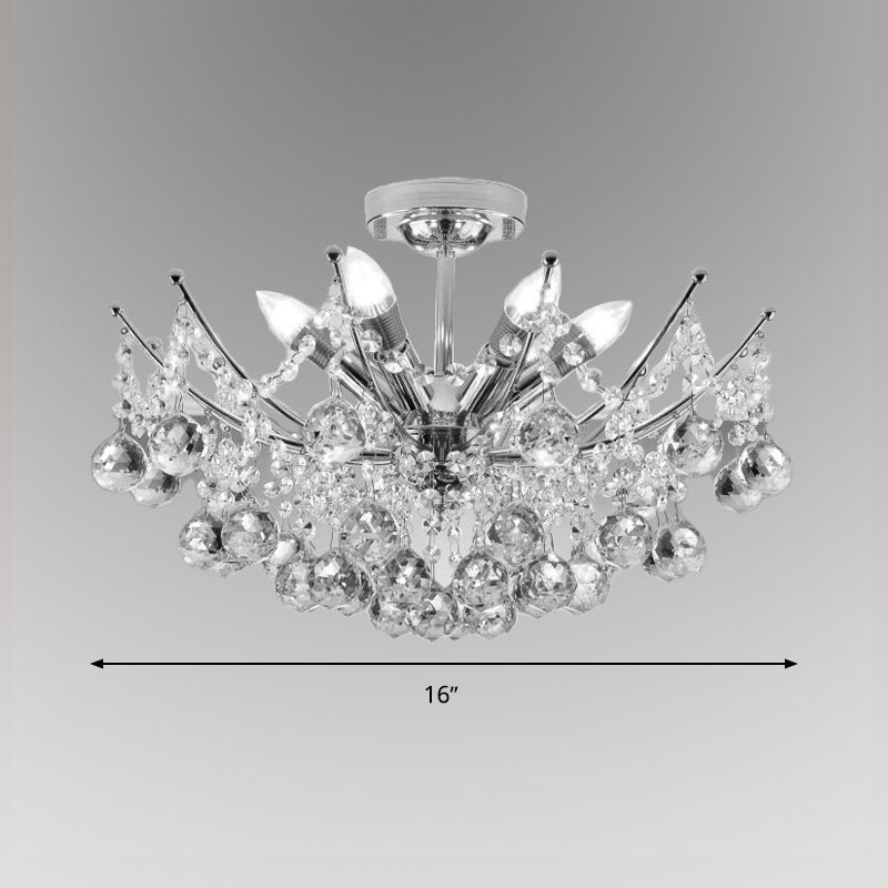 Postmodern Crystal Ball Ceiling Light Fixture - Chrome/Clear/Cognac - 4 Lights - Semi Flush Mount