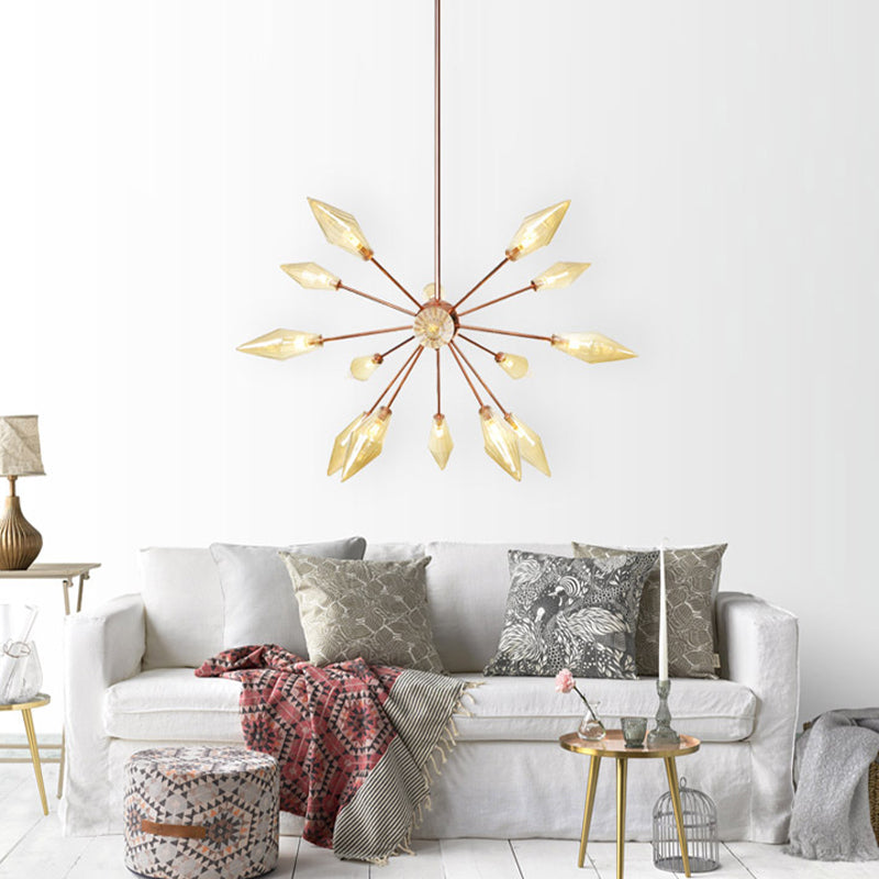 Industrial Diamond Glass Chandelier Lamp - 9/12/15 Lights - Hanging Ceiling Fixture with Starburst Design - Amber/Clear