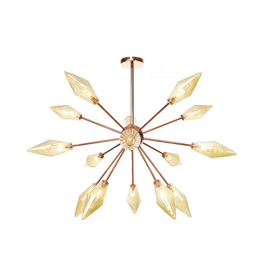 Industrial Diamond Glass Chandelier Lamp - 9/12/15 Lights - Hanging Ceiling Fixture with Starburst Design - Amber/Clear