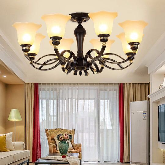 Traditional Blossom Chandelier - White Frosted Glass Ceiling Lamp Fixture In Black