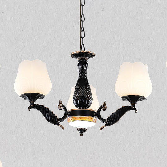 Black Metal Chandelier With Floral White Glass Shades - 4/6/7 Heads Sputnik Suspension Pendant