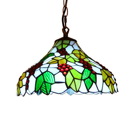 Green Stained Glass Tiffany Style Grape Drop Lamp - 1 Light Suspension Fixture