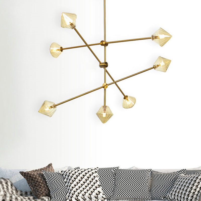 Lustre de plafond conique moderne - Verre côtelé ambré - 7 têtes - Kit d'éclairage de salle à manger