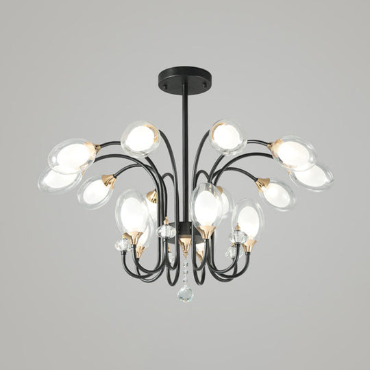 Lustre suspendu contemporain en verre transparent - Forme ovale, 9/15 ampoules - Suspension noire
