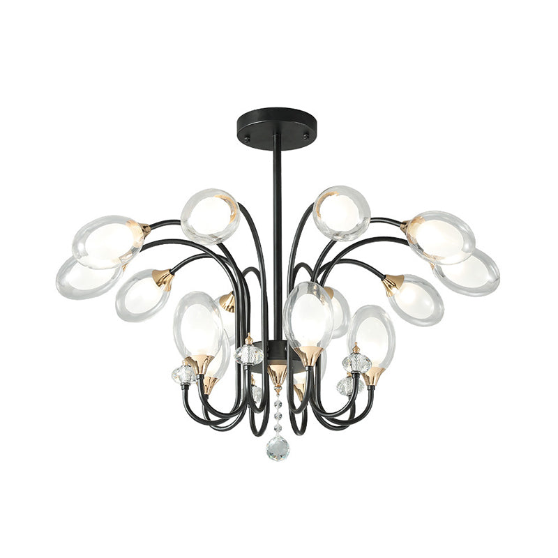Lustre suspendu contemporain en verre transparent - Forme ovale, 9/15 ampoules - Suspension noire