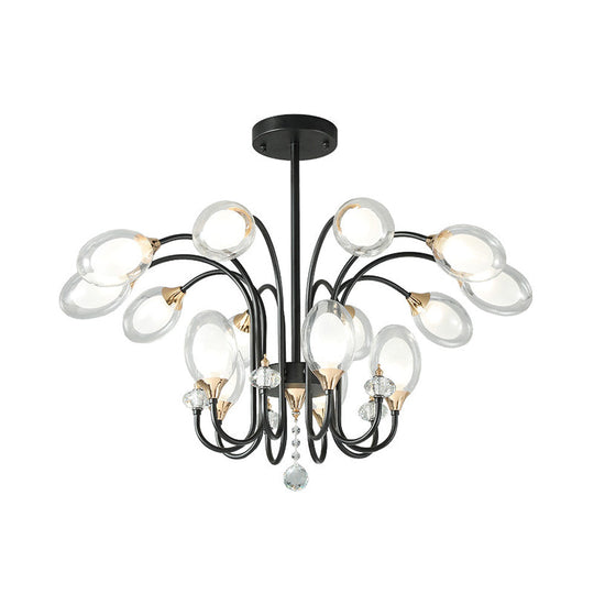 Lustre suspendu contemporain en verre transparent - Forme ovale, 9/15 ampoules - Suspension noire