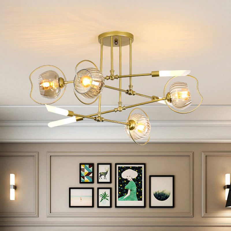 Contemporary 6/8-Head Chandelier with Gold Bowl Ceiling Suspension and Amber Glass Shade