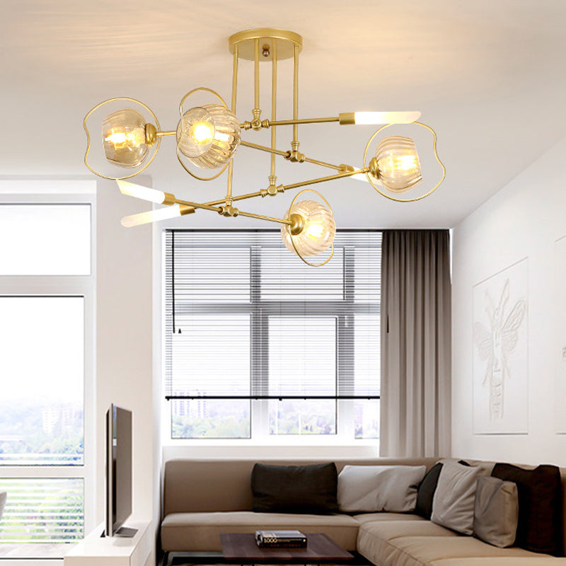 Contemporary 6/8-Head Chandelier with Gold Bowl Ceiling Suspension and Amber Glass Shade