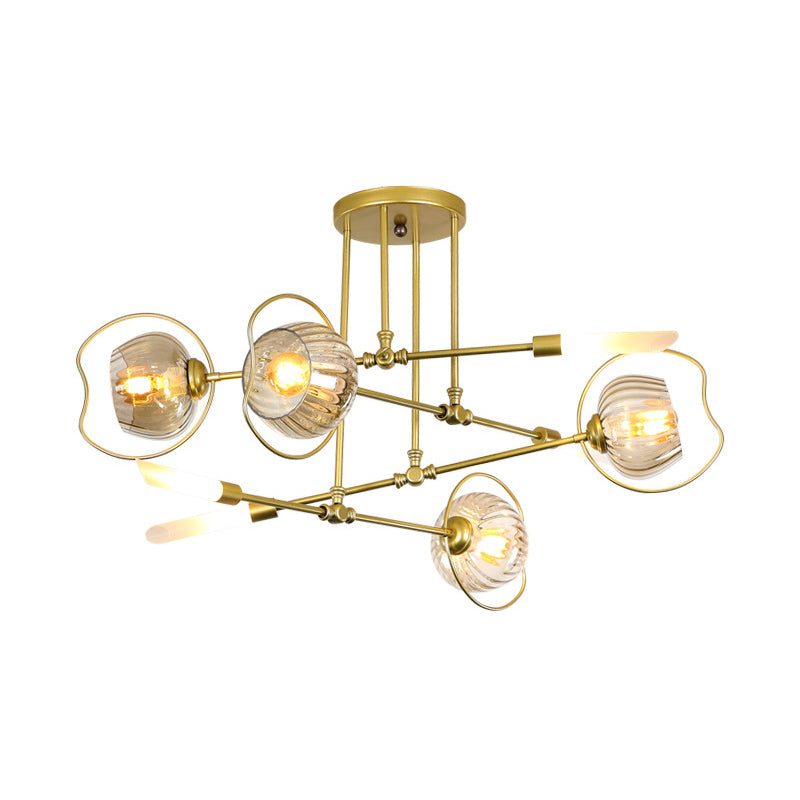 Contemporary 6/8-Head Chandelier with Gold Bowl Ceiling Suspension and Amber Glass Shade
