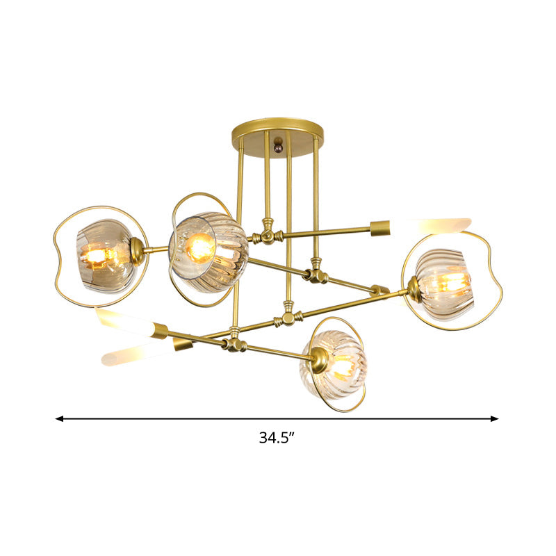 Contemporary 6/8-Head Chandelier with Gold Bowl Ceiling Suspension and Amber Glass Shade