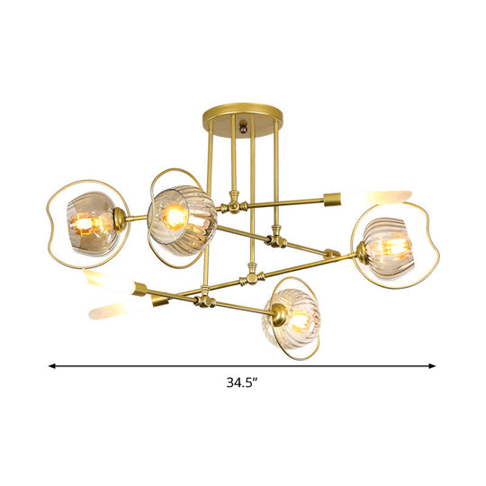 Contemporary 6/8-Head Chandelier with Gold Bowl Ceiling Suspension and Amber Glass Shade