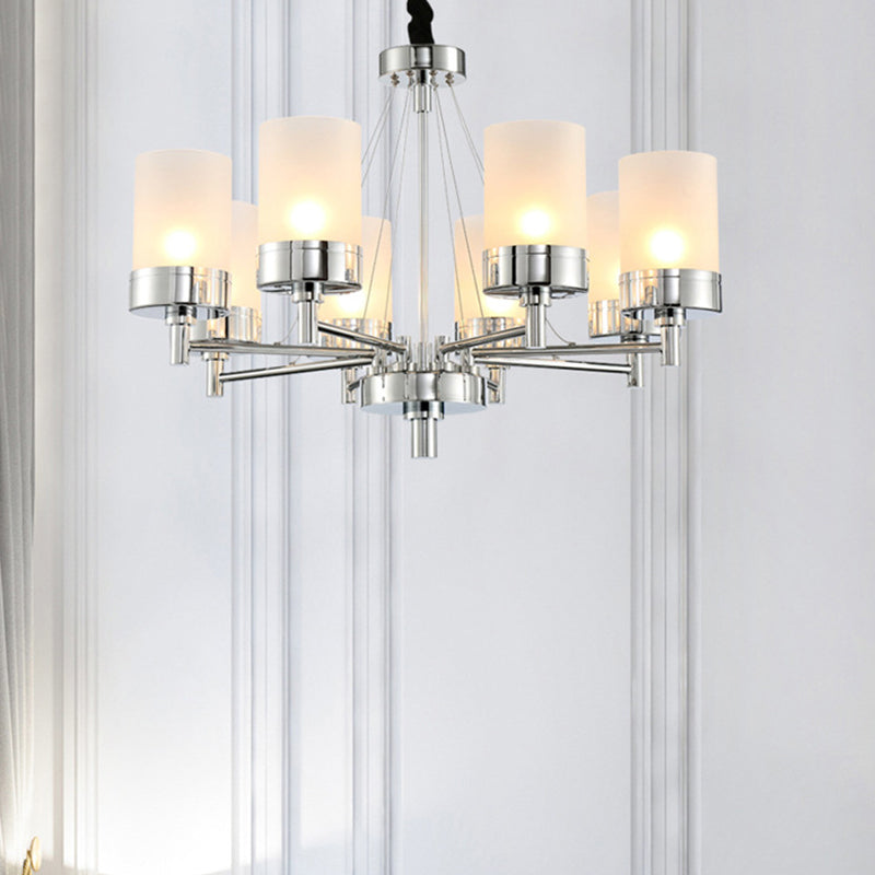 Frosted Glass Cylinder Chandelier - Modernist Pendant Light in Chrome with 8 Hanging Heads