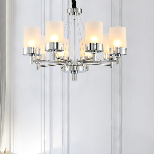 Frosted Glass Cylinder Chandelier - Modernist Pendant Light in Chrome with 8 Hanging Heads