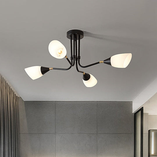 Modern Black Ceiling Chandelier with Flared Pendant Light and Milky Glass Shade - 4/6/8 Bulbs