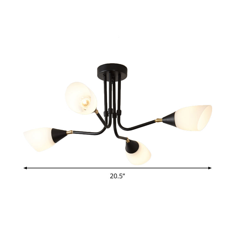 Modern Black Ceiling Chandelier with Flared Pendant Light and Milky Glass Shade - 4/6/8 Bulbs