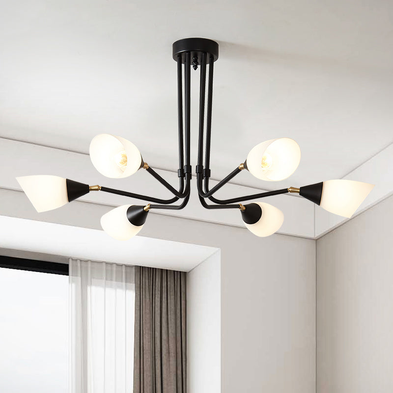 Modern Black Ceiling Chandelier with Flared Pendant Light and Milky Glass Shade - 4/6/8 Bulbs