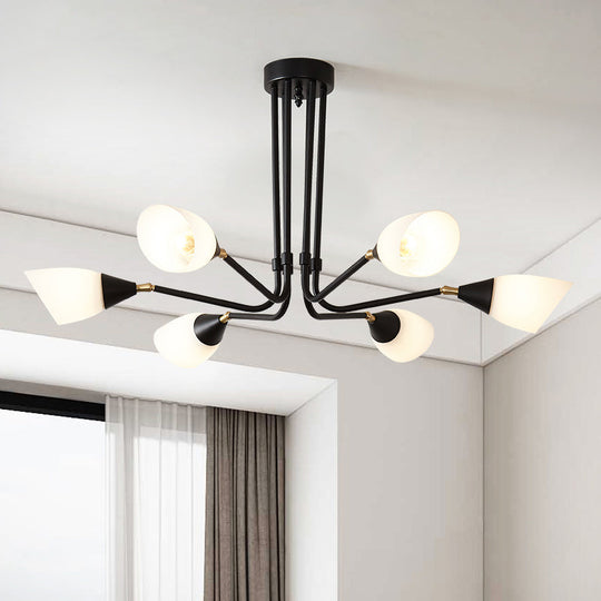 Modern Black Ceiling Chandelier with Flared Pendant Light and Milky Glass Shade - 4/6/8 Bulbs