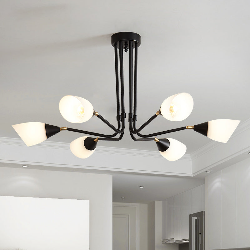 Modern Black Ceiling Chandelier with Flared Pendant Light and Milky Glass Shade - 4/6/8 Bulbs