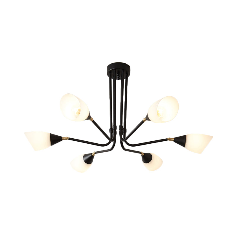 Modern Black Ceiling Chandelier with Flared Pendant Light and Milky Glass Shade - 4/6/8 Bulbs