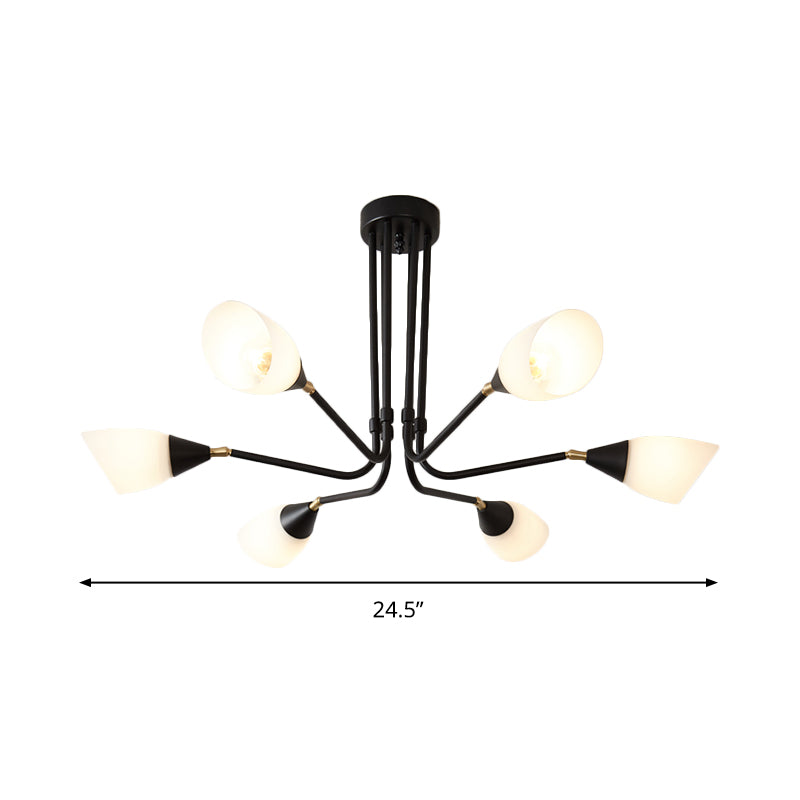 Modern Black Ceiling Chandelier with Flared Pendant Light and Milky Glass Shade - 4/6/8 Bulbs