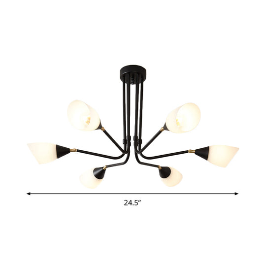 Modern Black Ceiling Chandelier with Flared Pendant Light and Milky Glass Shade - 4/6/8 Bulbs