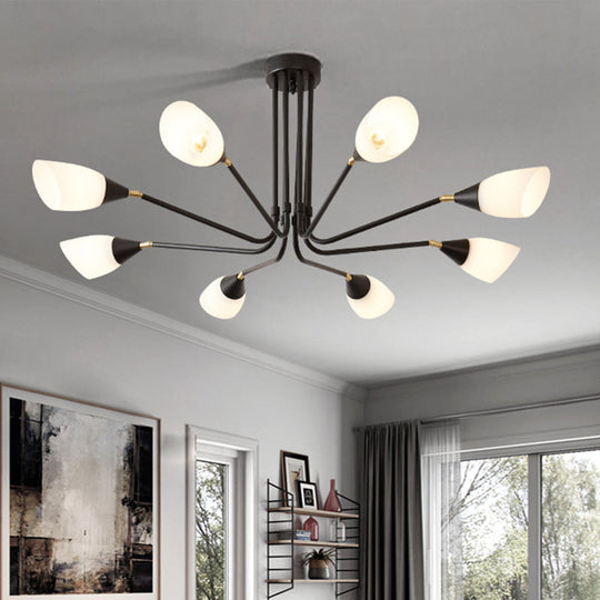 Modern Black Ceiling Chandelier with Flared Pendant Light and Milky Glass Shade - 4/6/8 Bulbs