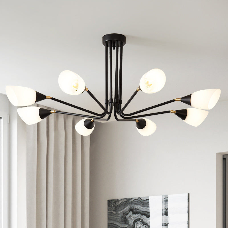 Modern Black Ceiling Chandelier with Flared Pendant Light and Milky Glass Shade - 4/6/8 Bulbs