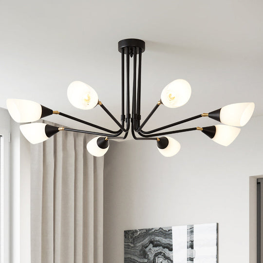 Modern Black Ceiling Chandelier with Flared Pendant Light and Milky Glass Shade - 4/6/8 Bulbs