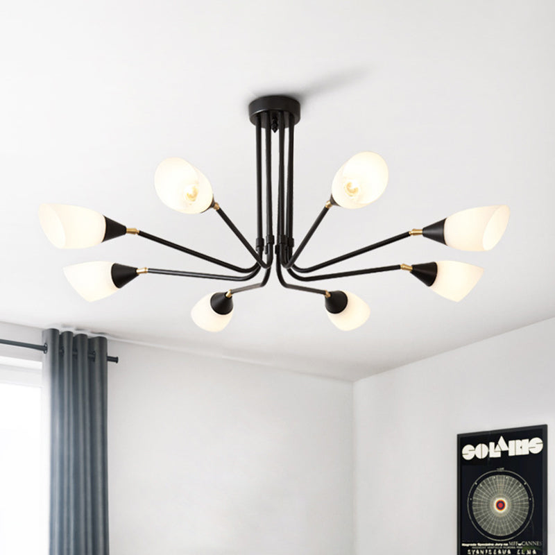Modern Black Ceiling Chandelier with Flared Pendant Light and Milky Glass Shade - 4/6/8 Bulbs