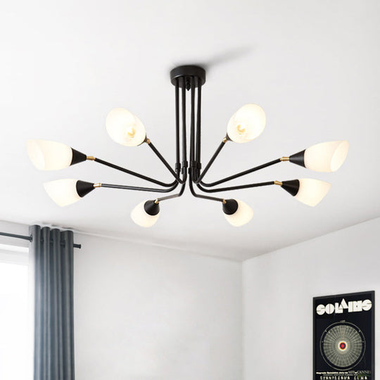 Modern Black Ceiling Chandelier with Flared Pendant Light and Milky Glass Shade - 4/6/8 Bulbs