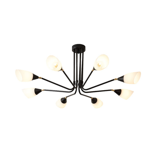 Modern Black Ceiling Chandelier with Flared Pendant Light and Milky Glass Shade - 4/6/8 Bulbs
