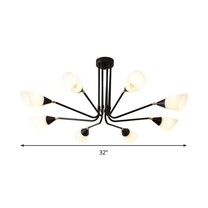 Modern Black Ceiling Chandelier with Flared Pendant Light and Milky Glass Shade - 4/6/8 Bulbs