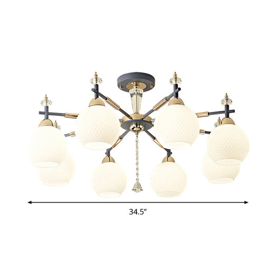 Modern Grey Chandelier Light With Milk Glass Shade - 8 Bulb Living Room Pendant Fixture