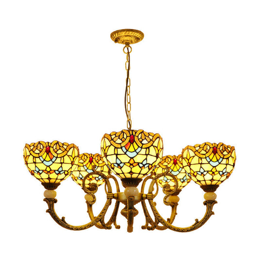 Mediterranean Dome Chandelier Lighting With Stained Glass Pendant - 5 Lights Orange/Blue Ideal For