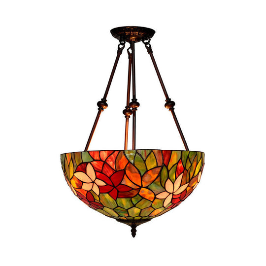 Victorian Stained Glass Ceiling Light with 3 Blossom Semi-Flush Mount Lights in Red/Orange/Green for Kitchen