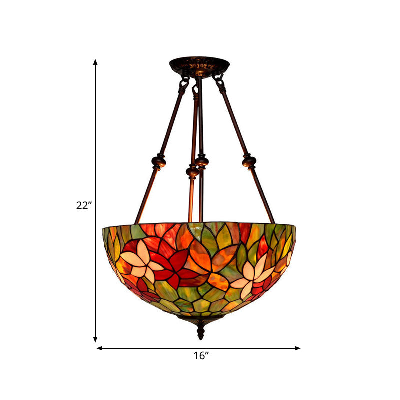 Victorian Stained Glass Ceiling Light with 3 Blossom Semi-Flush Mount Lights in Red/Orange/Green for Kitchen