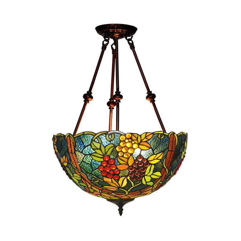 Victorian Stained Glass Ceiling Light with 3 Blossom Semi-Flush Mount Lights in Red/Orange/Green for Kitchen