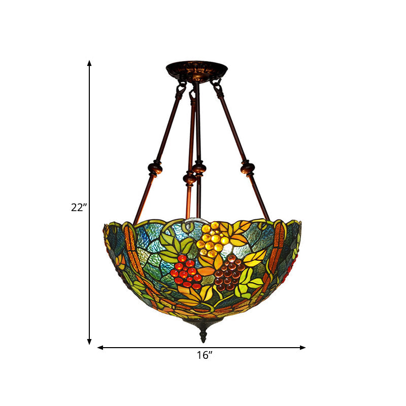 Victorian Stained Glass Ceiling Light With 3 Blossom Semi-Flush Mount Lights In Red/Orange/Green For