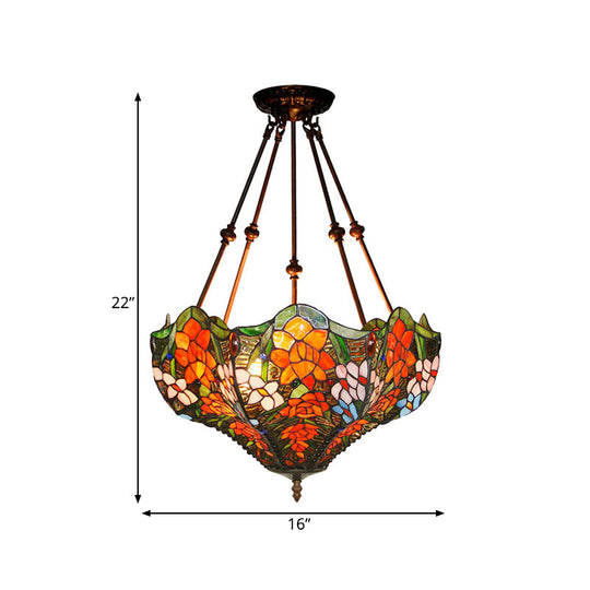 Victorian Stained Glass Ceiling Light with 3 Blossom Semi-Flush Mount Lights in Red/Orange/Green for Kitchen