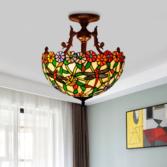 Plafonnier semi-encastré à 3 lampes en bronze avec abat-jour en verre beige/rouge/jaune méditerranéen pour salon