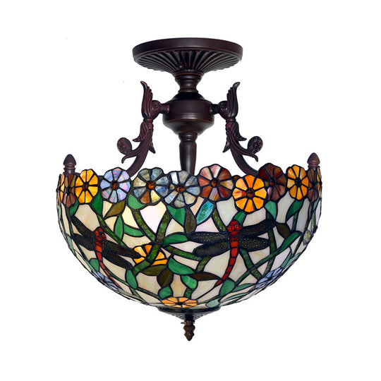 Plafonnier semi-encastré à 3 lampes en bronze avec abat-jour en verre beige/rouge/jaune méditerranéen pour salon