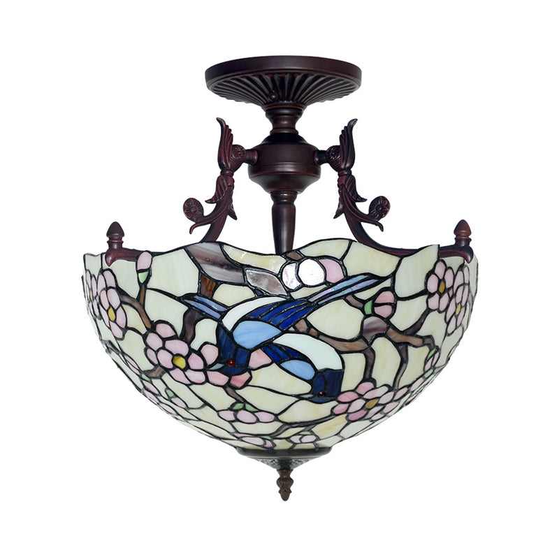 Plafonnier semi-encastré à 3 lampes en bronze avec abat-jour en verre beige/rouge/jaune méditerranéen pour salon