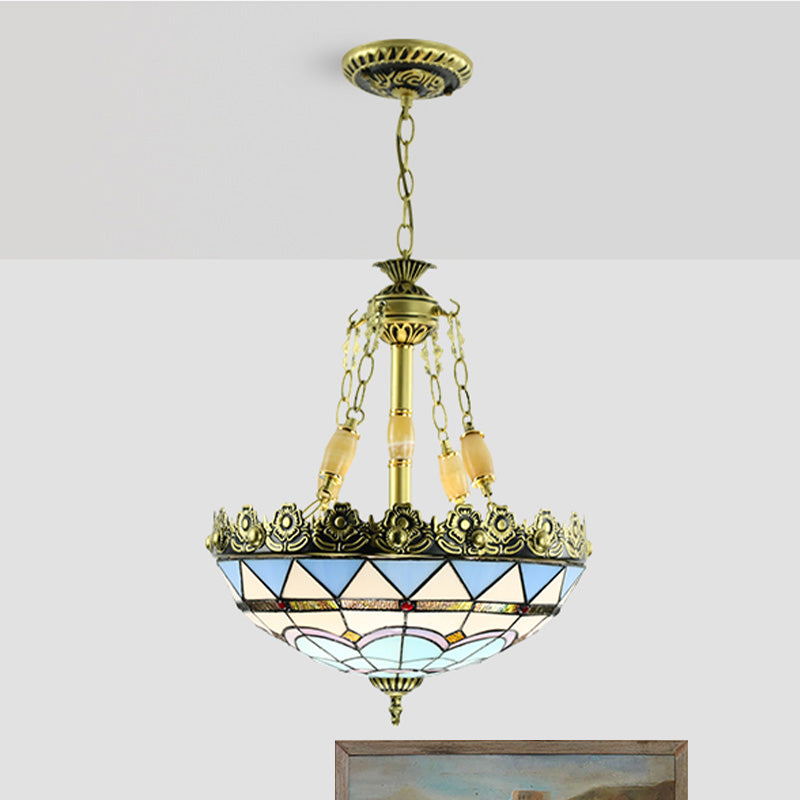 Mediterranean Stained Glass Chandelier - 3/4 Lights, Yellow/Blue - 12"/16" W - Kitchen Hanging Light Kit