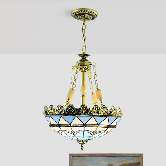 Mediterranean Domed Stained Glass Chandelier: 3/4 Lights Yellow/Blue Kitchen Pendant Light Kit