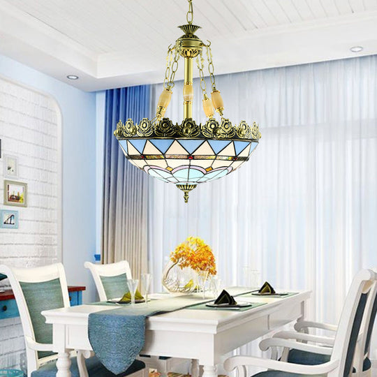 Mediterranean Stained Glass Chandelier - 3/4 Lights, Yellow/Blue - 12"/16" W - Kitchen Hanging Light Kit