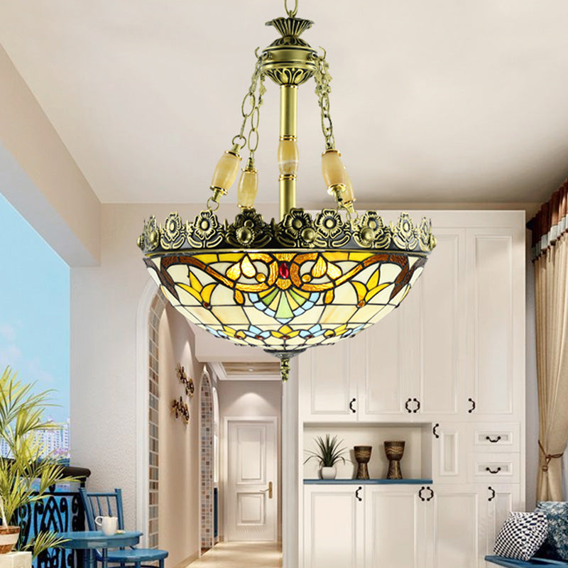 Mediterranean Domed Stained Glass Chandelier: 3/4 Lights Yellow/Blue Kitchen Pendant Light Kit