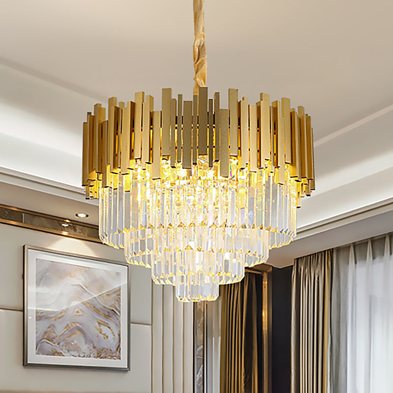 Modern Style Brass Hanging Chandelier with Crystal Block - Multi-Light Metal Fixture
