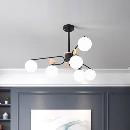 Lustre rond en verre laiteux moderniste en noir - Plafonnier avec 6/8 têtes suspendues