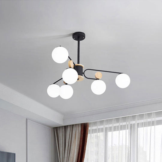 Lustre rond en verre laiteux moderniste en noir - Plafonnier avec 6/8 têtes suspendues