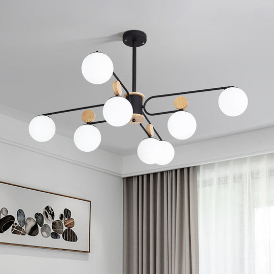 Lustre rond en verre laiteux moderniste en noir - Plafonnier avec 6/8 têtes suspendues